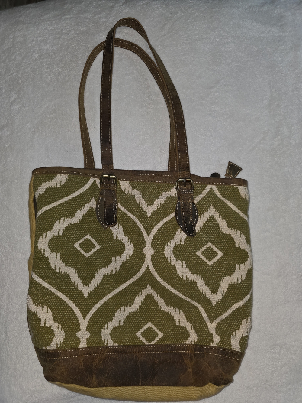 Myra Olive Green Patterned Tote Bag with Brown Trim